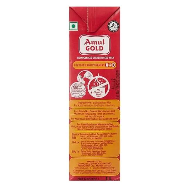 10x Amul Gold Milk Homogenized Standardized, 1L each - Pack of 10