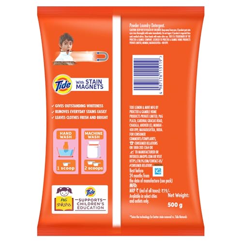 Tide Plus Detergent Washing Powder with Extra Power Lemon and Mint Pack - 500 g